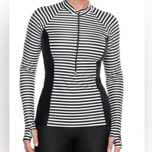 Coolibar Escalante Zip Rash Guard Womens Medium Black White Stripes 50+ UV Shirt